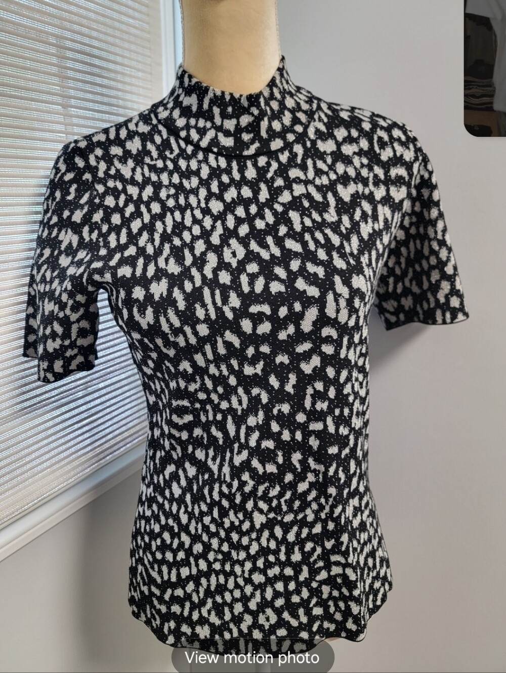Michael Kors Lurex Leopard Knit Top Black Silver Short Sleeve Metallic Medium